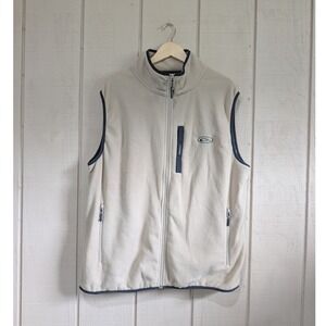 Drake Waterfowl Mens XL Tan Fleece Full Zip Vest Navy Trim Hunting Outdoor
